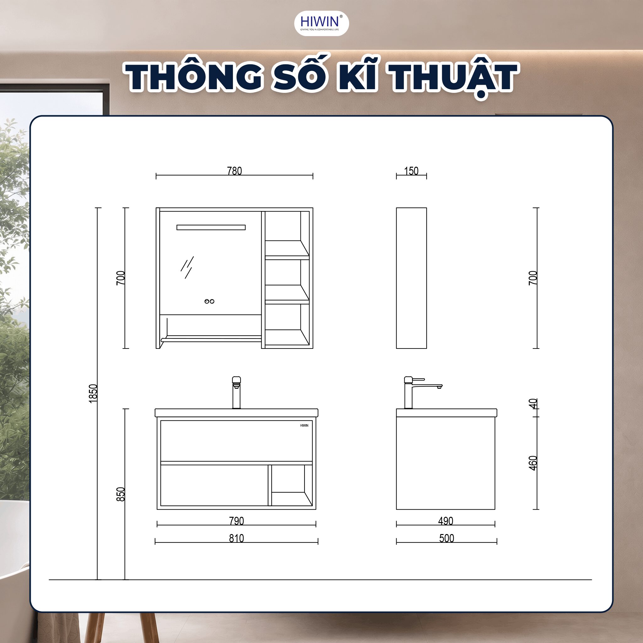 Thông số kỹ thuật Bộ tủ chậu treo tường YP-1503