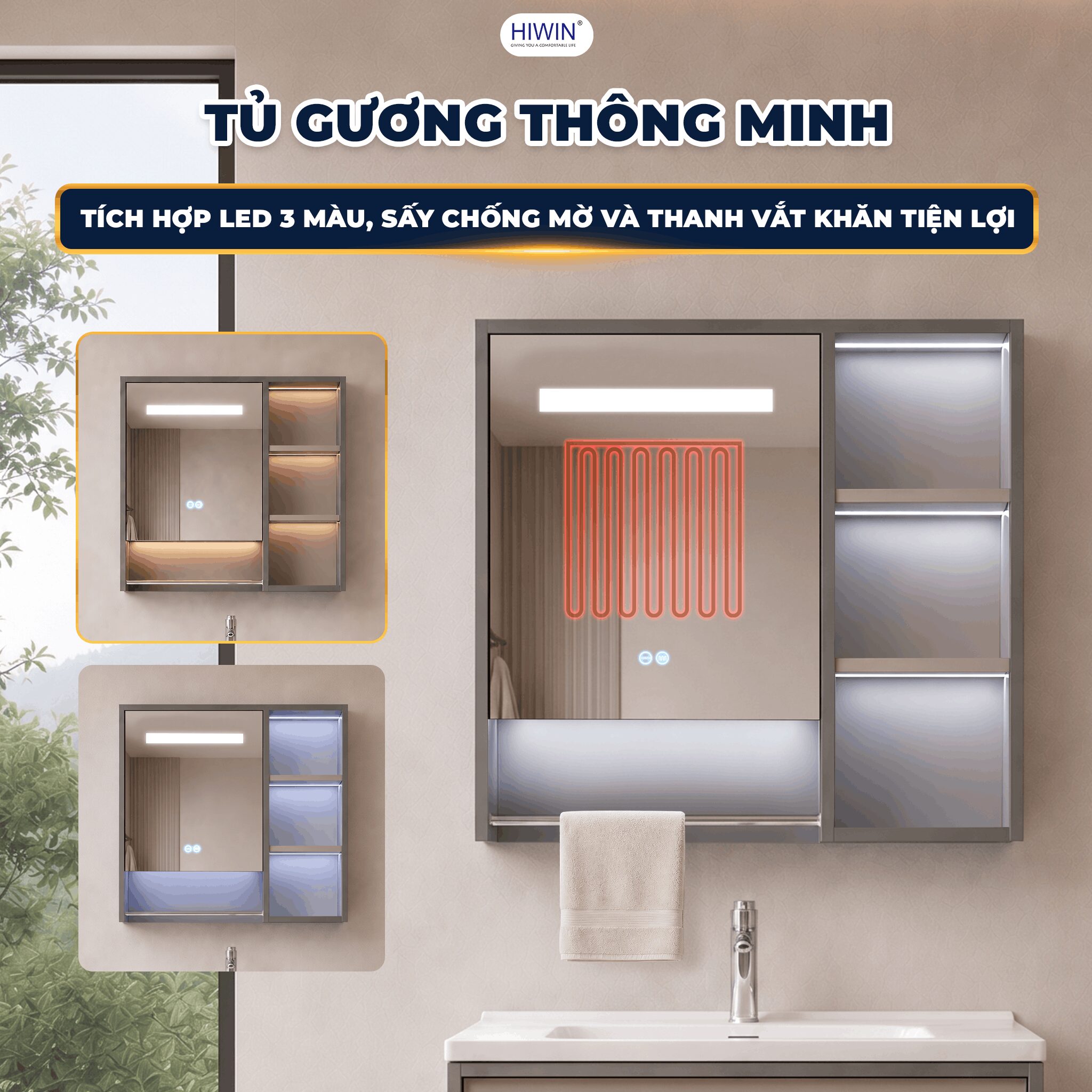 Tủ gương thông minh đèn LED 3 màu tích hợp thanh vắt khăn tiện lợi