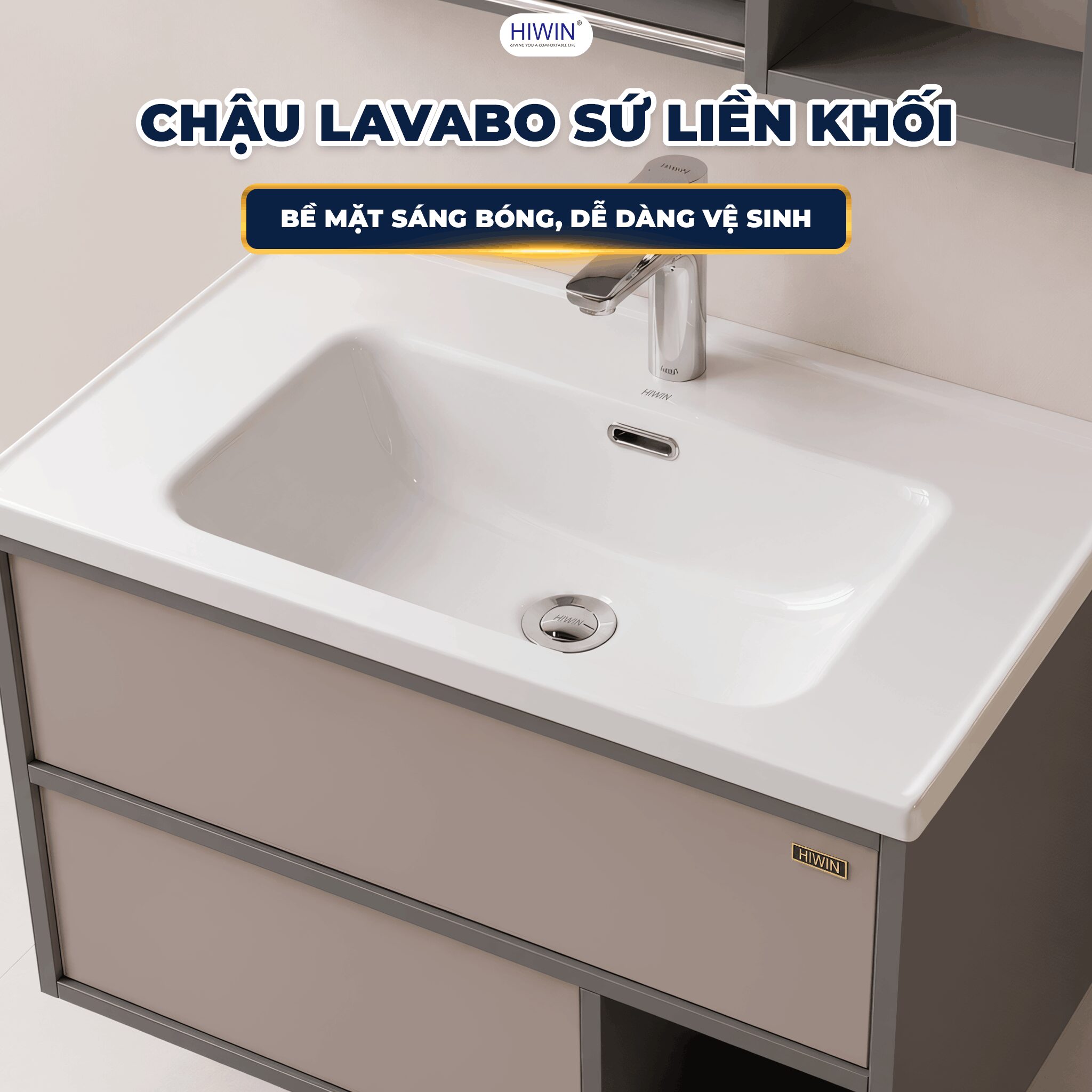 Chậu lavabo sứ liền khối Hiwin sáng bóng, dễ vệ sinh