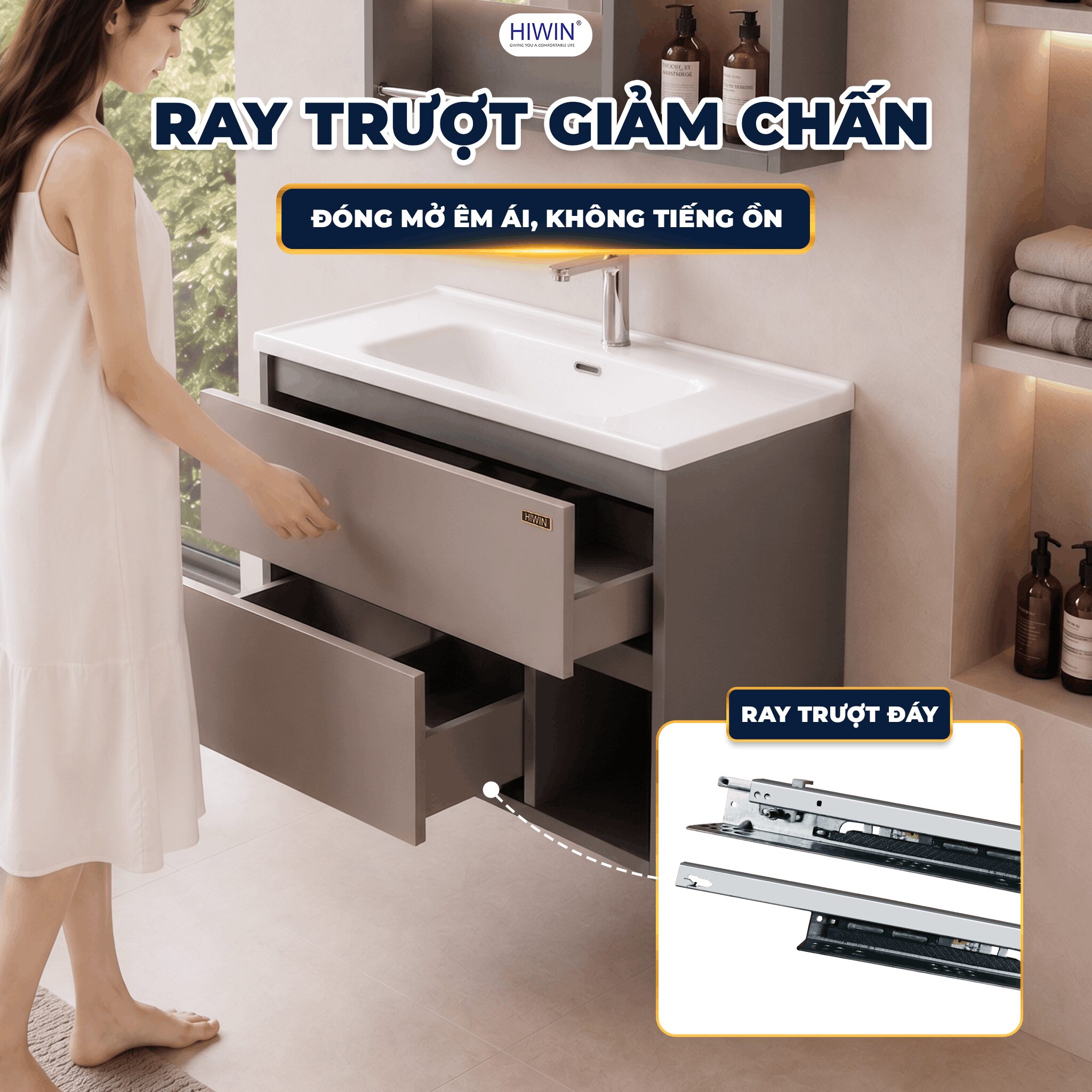 Ray trượt giảm chấn đóng mở êm ái, không tiếng ồn