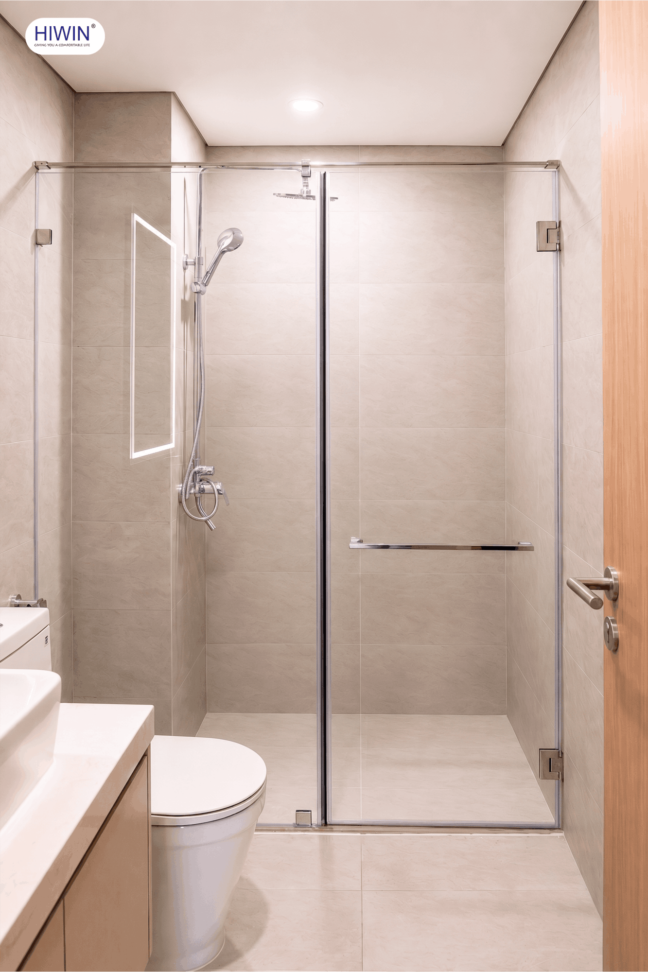 Bộ cabin tắm Hiwin kết cấu 90 độ kính tường